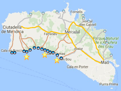 Mapa Menorky - jižní pláže